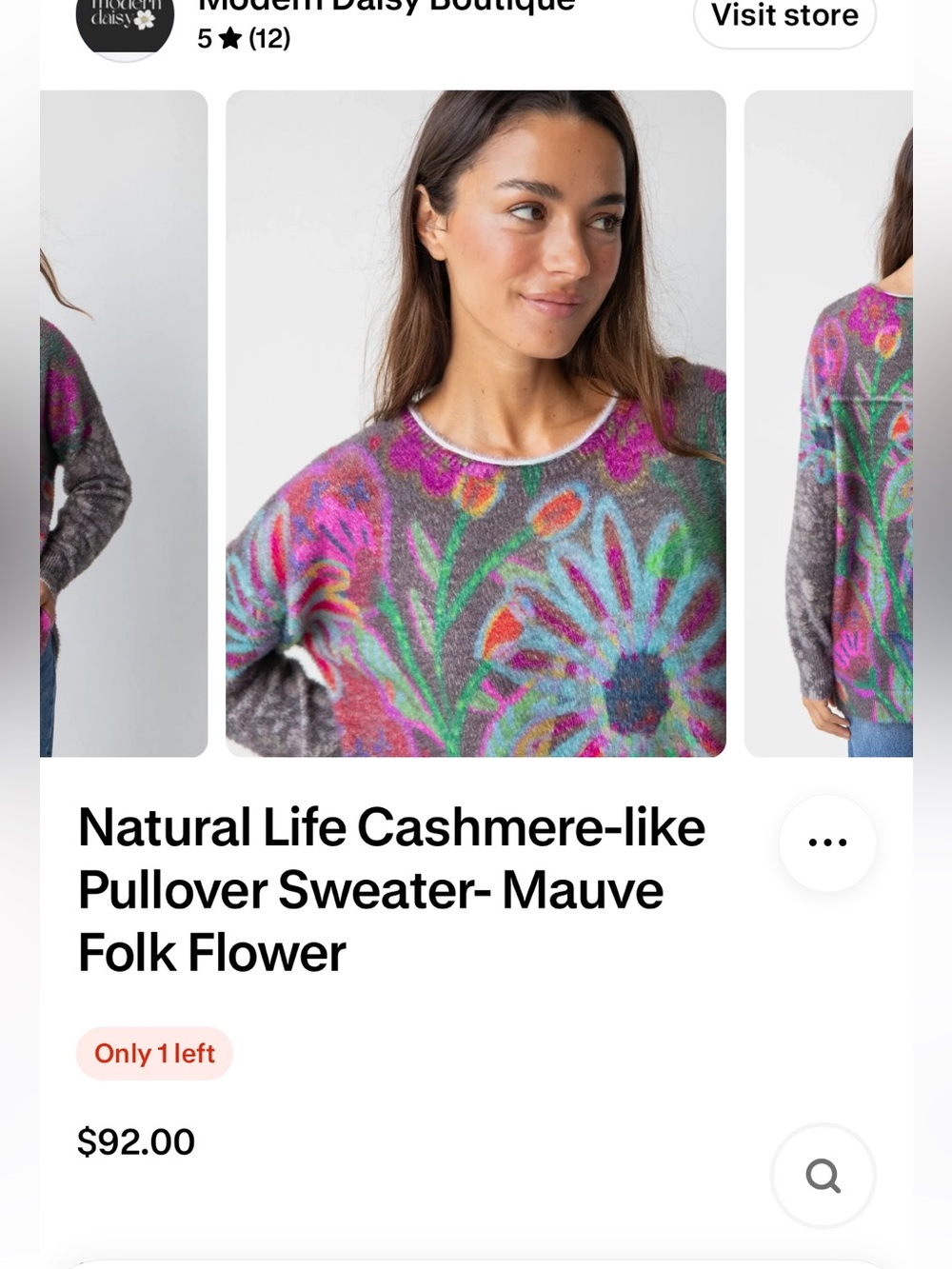 NATURAL LIFE Cashmere - like Pullover Sweater Mauve Folk Floral Scoop Neck - Picture 8 of 10